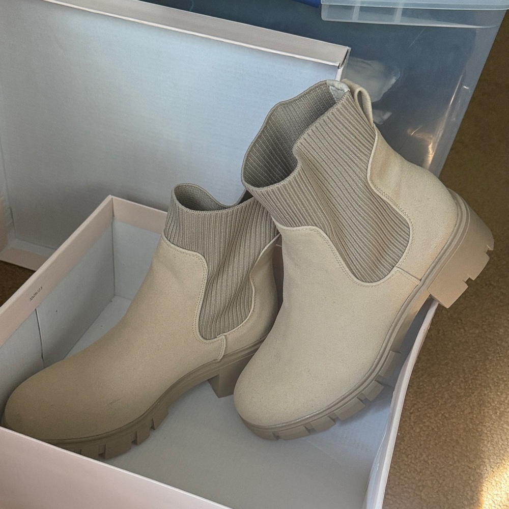 Beige Chelsea Ankle Booties with Ribbed Knit Panel